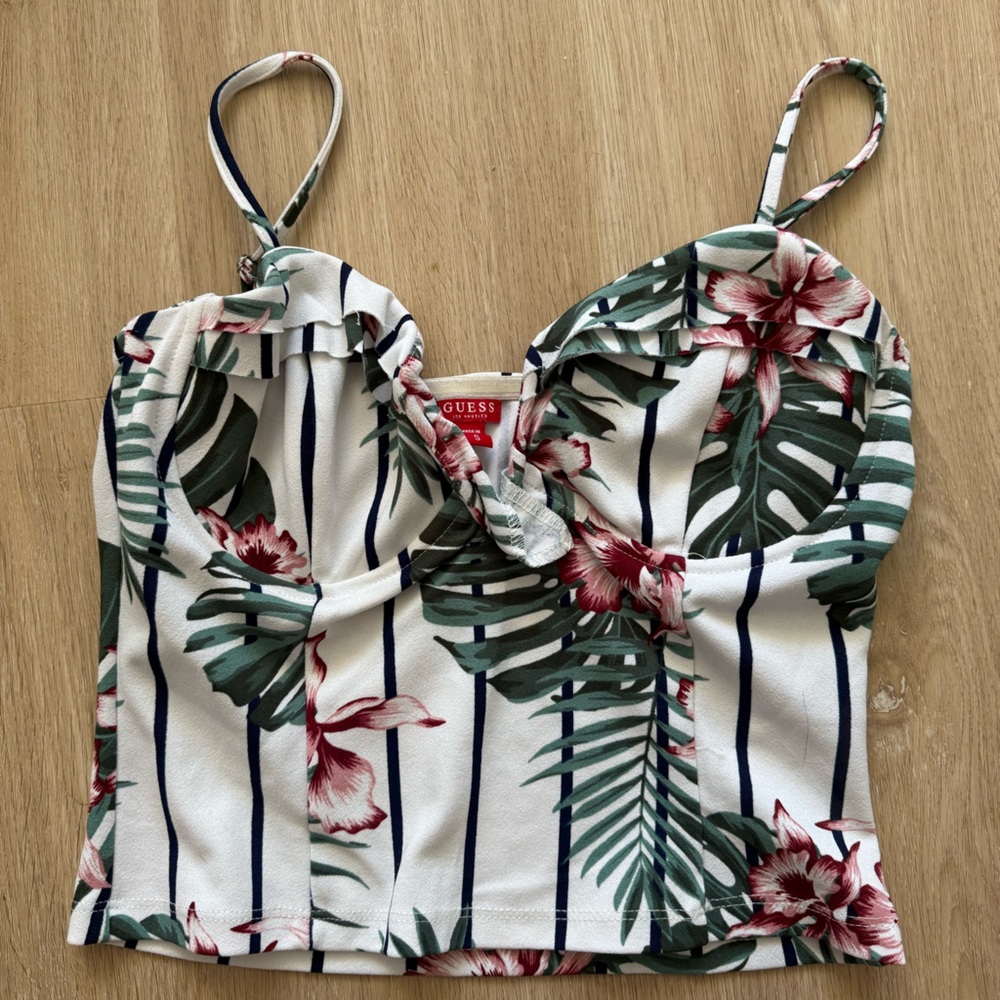 GUESS Tie Front Floral Crop Top | Tropical Print | Size S